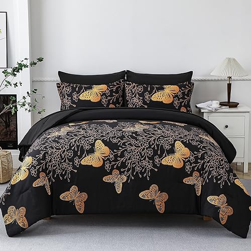 Yogeneg Set di biancheria da letto con copripiumino per letto queen size, 7 pezzi, motivo con farfalle dorate stampate su sfondo nero, design reversibile in morbida microfibra, per tutte le stagioni