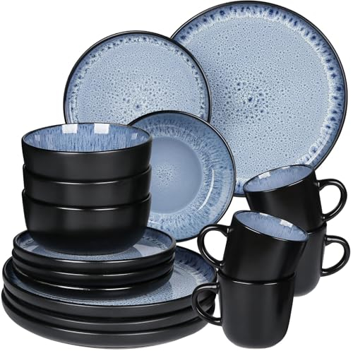 Greentainer Handmade Stoneware Dinnerware Set, Ocean Blue Dinner Set, 16-Piece Dinner Service Set with Dinner Plate, Dessert Plate, Bowl and Mug, Dishwasher & Microwave Safe, Service for 4