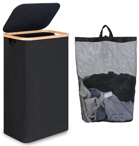 iEGrow Tvättkorg, 75 l, tvättkorgar för tvätt med tvättbar och urtagbar innerväska, smal tvättkorg för smutstvätt, leksaker, handdukar, förvaring (svart)