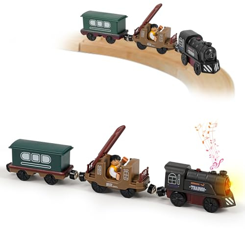 3 Pcs Train Toy Set for Wooden Track - Magnetic Retro Battery Operated Train for Wooden Track Light Up Electric Train Toys for 3 4 5+ Years Old Toddlers Kids Boy Girl Birthday Christmas Halloween