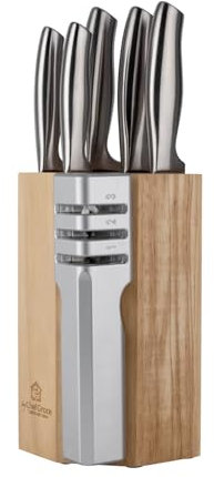 Premium 2-in-1 5-Piece Kitchen Knife Set with 3-Stage Sharpener – Includes Chef, Bread, Carving, Utility & Paring Knives + Counter-top Sharpener & Wooden Block