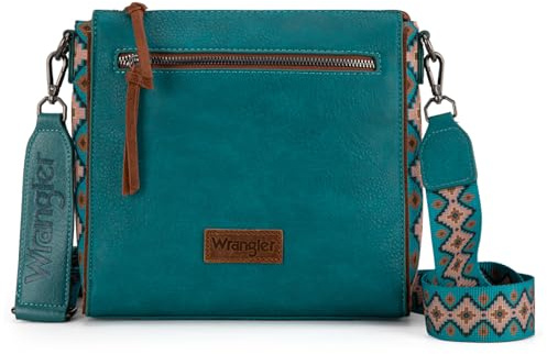 Wrangler Aztec Crossbody Purse Medium Shoulder Bags for Women Western Handbag with Guitar Strap, Turquoise, M