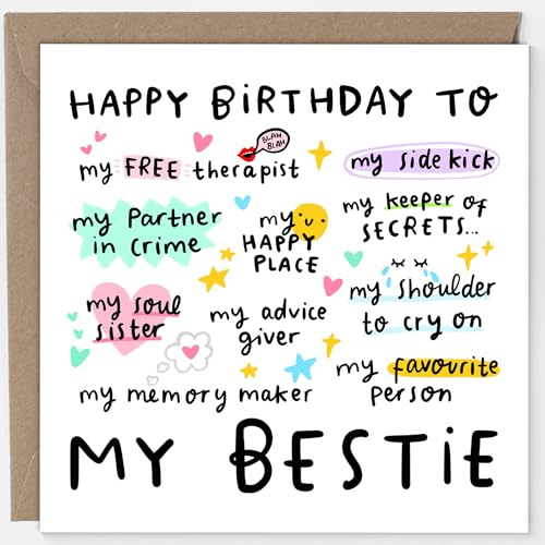My Bestie födelsedagskort – födelsedagskort för bästa vän – My Happy Place – My Free Therapist – My Partner in Crime – roligt födelsedagskort för bästa vän