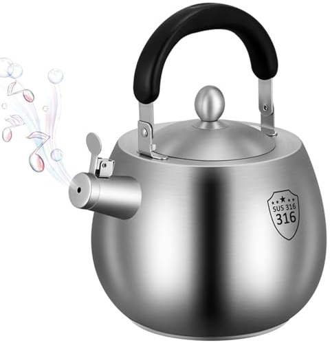 316 Stainless Steel Heavy Duty Tea Kettle, 4L Whistling Teakettle Stovetop Teapot, Seamless Bottom, Folding Handle, Brushed Finish