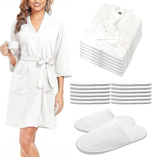 6 Set Women's Lightweight Waffle Mid-Length Robe With Spa Slippers, Soft Thin Spa Bathrobe for Travel Hotel