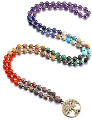 PiercingJak Mala Kette 108 Perlen Gebetskette mit Lebensbaum Charm Anhänger | 6mm Naturstein Chakra Perlenkette für Herren Damen Halskette Buddhismus Healing Reiki Yoga Schmuck Spirituelle Geschenke