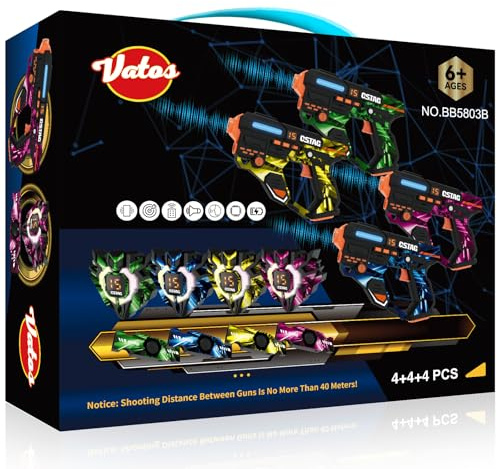 VATOS Set Laser Tag Ricaricabile con Sensori a 360° per 4 Giocatori, 2,4 GHz Infrarossi Visualizzazione Dati in Tempo Reale, Gioco per Famiglie e Gruppi per Bambini e Adolescenti, Regali per Bambini