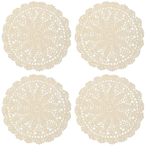 4 Tischdeckchen, beige, Vintage-Spitze, gehäkelt, runde Platzsets (25 cm Durchmesser) für Küche, Esszimmer, Hochzeit und Partydekoration