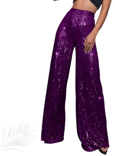 Generiskt paljetttäckta, glittrande palazzobyxor med hög midja och vida ben för kvinnor – gnistrande festbyxor med glitterleggings, lila, 5XL