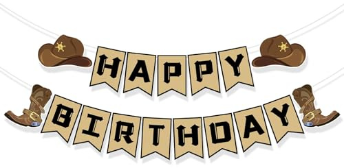 Western Happy Birthday-banderoll – förmonterad cowboytema födelsedagsfest dekorationer med hattstövlar, lätt att hänga på västerländska temafester, cowboy och rodeo-evenemang
