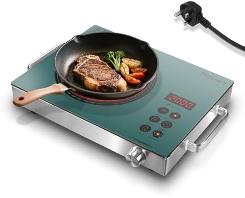 Single Electric Ceramic Hob 2000W, Portable Hob with Handle, 220v Plug In | Knob & Touch Control, Countertop, 3H Timer & Safety Lock, Residual Heat Warning, Kitchen Cooking Stove Green