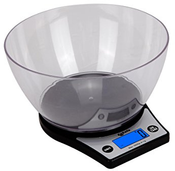 Kabalo Black Kitchen Scales With Bowl Household Food Cooking Weighing Scale 5kg capacity 5000g/1g, Batteries Included! Flat Slim Design, Premier LCD Digital Electronic, with blue backlight