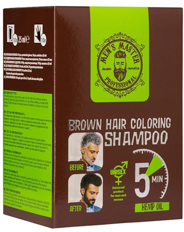 Men´s Master Champú Colorante color marrón 10 sobres x 25 ml, Producto universal para hombres y mujeres