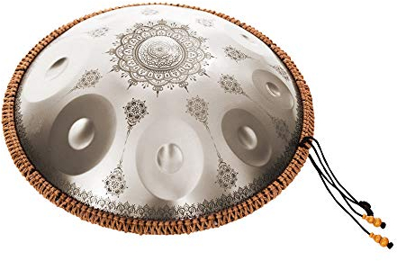 Rantoloys Mini Handpan Steel Handtrommel in C-Ton 9 Noten 16 Zoll Percussion Instrument Legierter Stahl mit Drumstick Handpan Stand gewebtes Rattan Carved Designs Gold