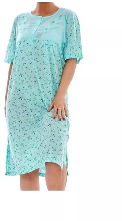 iTRONiK New Ladies Nightdress Floral Print Short Sleeve Rich Cotton Buttons Nightshirt (Mint Green, 2XL)
