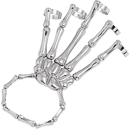 Skeleton Punk Hand Bone Bracelet with Ring Skull Fingers Wristband Ghost Hand Chain for Men and Women Halloween Cosplay Costume Party Prop Decoration Jewelry