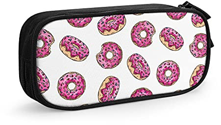 Beignets de dessin animé avec glaçage rose et saupoudres colorées sur fond blanc sans couture motif texture trousse sac grande capacité col, couleur, 5.0cm*10.5cm*20.5cm, trousse à crayons