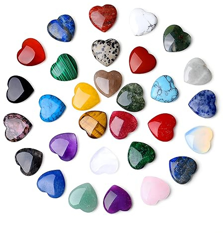 QINJIEJIE 30PCS Natürlicher Edelsteine Herz Poliert Kristalle Steine Herz Handschmeichler Stein Bunte Glückssteine Reiki Steine Set Kristallsteine für Dekoration