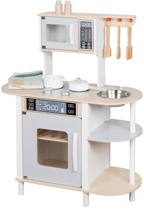 Holzküche Weiß für Kinder Kinderküche Spielküche mit Zubehör Kochgeschirr und Schürze