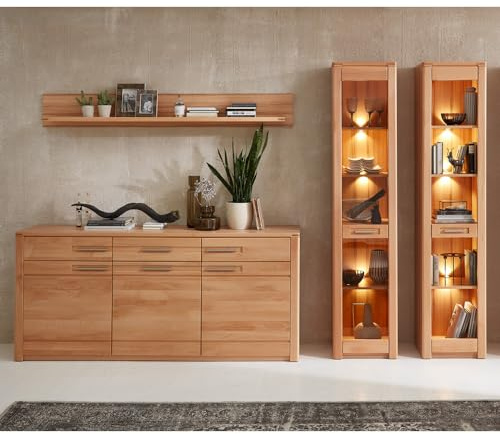 Lomadox Esszimmer Esszimmermöbel Schrank Set inkl. Beleuchtung Sideboard Wandboard Vitrine Regal, Front Kernbuche massiv