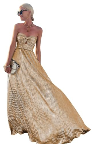SHINROAD Abito estivo Maxi Abito da sera da donna con orlo plissettato senza spalle senza schienale senza maniche Bronzing Bandeau scava fuori a vita alta Prom, dorato, M