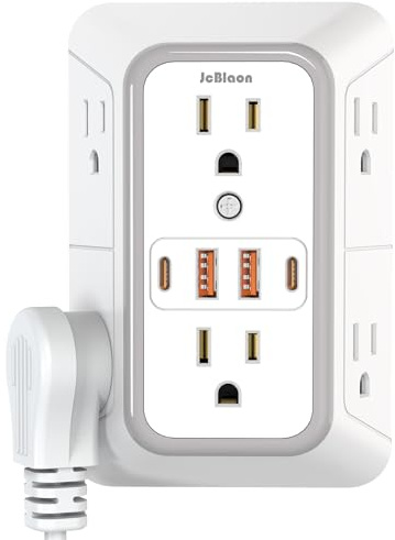 USB Wall Charger Power Strip Surge Protector with 4 USB Ports (2 USB C) Plug Extension Multiple Outlets Plug in Adapter Spaced Outlets for Home Office Travel,White (White)