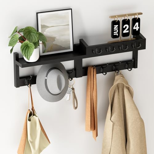 Huracan Wandgarderobe Holz mit Ablage 80cm, Wandregal mit 8 Haken & 4 Schlüsselhaken, Garderobenleiste Coat Rack Wandmontage, Schlüsselbrett & Postablage für Eingangsbereich, Flur, Wohnzimmer, Schwarz