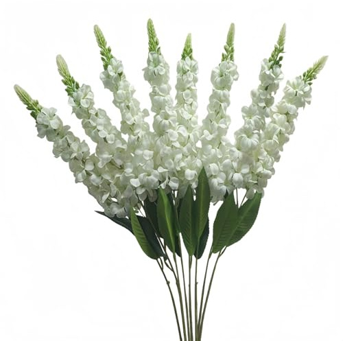 Rmisk 8 Pcs White Artificial Snapdragon Flowers 28.7 Inch - Long Stem Delphinium & Larkspur Silk Flowers for Tall Vase - Faux Hyacinth for Wedding & Home Floral Arrangements (White)