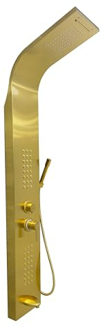 EVOLVE Manually Controlled Thermostatic Shower Panel Tower System – 5-in-1 Smart Shower Column with Waterfall & Rainfall Shower Head, 48 Body Jets, Bath Panel – Modern Gold Shower