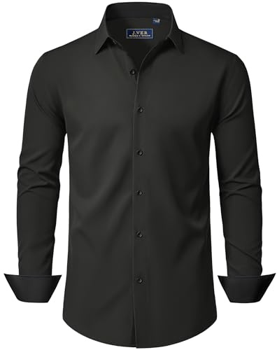 J.VER Black Shirts for Men Adult Dress Slim Fit Long Sleeve Stretch Non Iron Business Casual Wedding Fashion Formal Shirt M