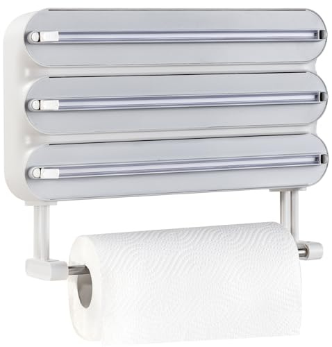 Quasziwa 4-in-1 Porta Rotolo da Cucina a Parete - Dispenser Pellicola e Alluminio Magnetico, Taglia Carta Stagnola Professionale con Portarotolo Estraibile - Facile da Installare e Salvaspazio, Bianco