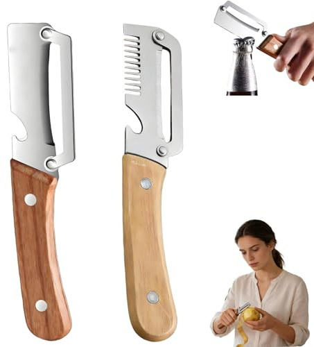 2 Stück 3-in-1 Gemüseschäler und Flaschenöffner mit Holzgriff, Multifunktionaler Gemüseschäler für die Küche Kartoffel, Apfel, Karotte, Kürbis, Zuhause, Outdoor, Camping (A+B)