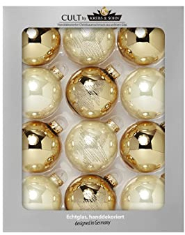 KREBS & SOHN 12er Set Glaskugeln - Weihnachtsbaumschmuck zum Aufhängen - Christbaumkugeln Sortiment - Gold Elfenbein, 7,5 cm