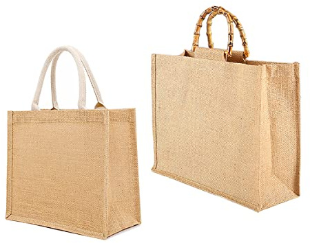 Csrnto Borsa Juta 2 Pezzi Portatile, Manici Bambù e Bianco, Rivestire Naturale Shopping Bag