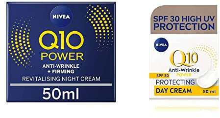 NIVEA Q10 Anti-Wrinkle Power Revitalising Night Cream (50ml) & Q10 Anti-Wrinkle Power Protecting Day Cream SPF 30 (50ml), Anti-Wrinkle Face Cream with Skin Identical Q10 and Creatine