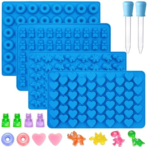 Sidosir 4Pcs Gummy Candy Bear Molds, Non-stick Silicone Chocolate Mold for Dinosaur, Donut, Heart, Silicone Candy Molds with 2 Droppers