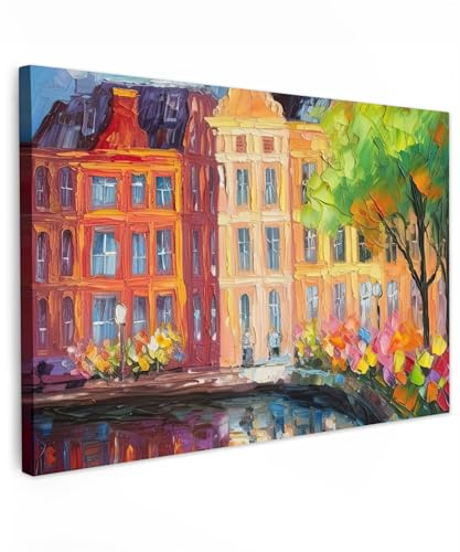 MuchoWow© Bild auf Leinwand Groß XXL Schlafzimmer Bilder Wand Deko | 120x80 cm - Wohnzimmer Modern Wanddeko Bilderwand Geschenk Kunstdruck - Öl - Amsterdam - Kunst - Bunt