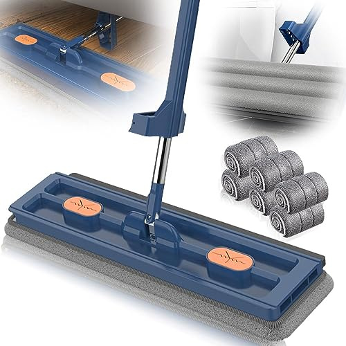 Nexoria Großer Flachmop, 360°Drehgelenk Bodenwischer Set Flacher Wischmopp Wischmopp Mit Auswringfunktion Flachmopp Mit Wiederverwendbaren Mikrofaser-Wischpads (Blauer+6 Lappen)