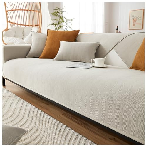NUODWELL Sofabezug mit Fischgrätenmuster, Chenille, 1/2/3/4 Sitzer, Möbelschutz Couchbezug, universal, rutschfest, L-Form, Couchbezug, gesteppte Eckhussen für Wohnzimmer (Beige, 110 x 180 cm)