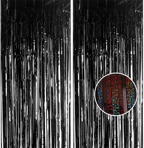 2pcs Glitter Black Tinsel Curtain Foil Fringe Backdrop 3.2 x 8.3ft - Party Streamers Photo Decorations for Birthday, School Graduation, Hen Girls Party