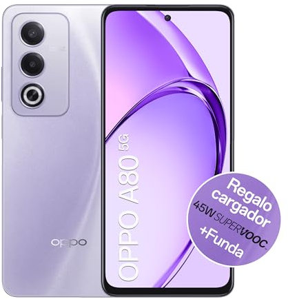 OPPO A80 5G - Smartphone Libre con IA, 16GB(8GB+8GB) 256GB, Pantalla HD+ LCD 6.7, Cámara 50+2+8 MP, Android, Batería 5100mAh, Carga Rápida 45W, Cargador y Funda Incluido - Morado