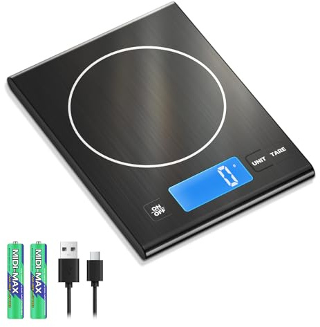 Diyife Balance de Cuisine Numérique Rechargeable 15kg, Haute Précision Acier Inoxydable, Grand Écran LCD Rétroéclairé, 5 Unités & Fonction Tare, 3 Boutons Simple Utilisation,noir