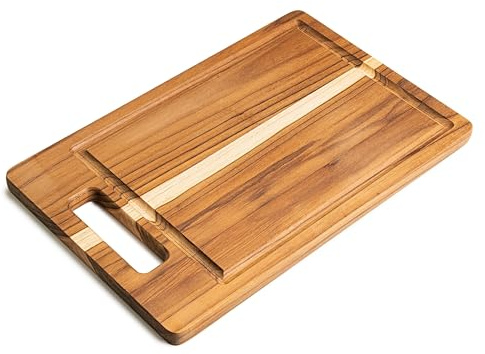 Erreke Planche a Decouper Bois, Bois de Teck Naturel, Cuisine ou Barbecue, Couper ou Servir Viande Fromage Pain, Planche à Découper 35x25x1.8 cm (avec une rainure pour le jus)