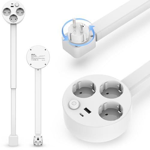 SMBLCE Steckdosenverlängerung, Erweiterbare Steckdosenleiste mit USB, Typ-C Ladefunktion und 3 AC-Steckdosen, ausziehbar 47–67 cm, um 360° drehbar für schwer erreichbare Steckdose
