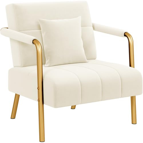 Abician Fauteuil de Salon en Velours Chaise d'appoint Relaxation avec Coussin Carré Fauteuil de Relax Cadre en Métal Doré pour Chambre à Coucher Salle d'attente Bureau Beige