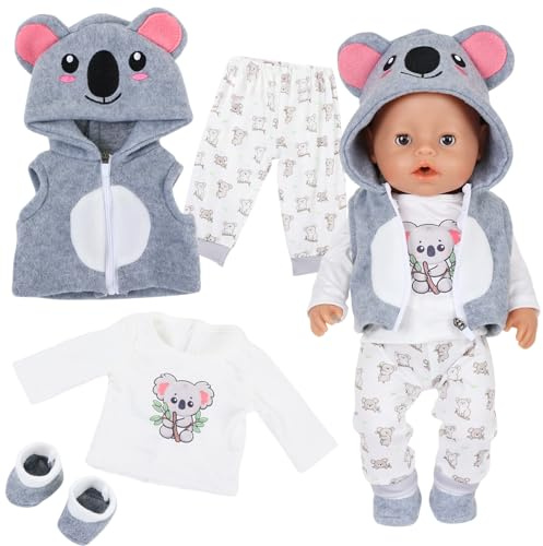 4 Stück Puppenkleidung für 14-18 Zoll Puppen, Tier Koala Kleidung Outfits 43cm mit Kapuzenweste Kleidung Hose Socke Süß Puppenzubehör für Baby Mädchen Jungen
