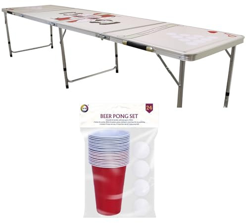 Yavolo 8ft Folding Portable Beer Pong Table Set for Parties Indoors or Outdoors Waterproof, Drinking Table Complete with Foldable Carry Case, Microfibre Cloths, 20 Cups & 4 Balls