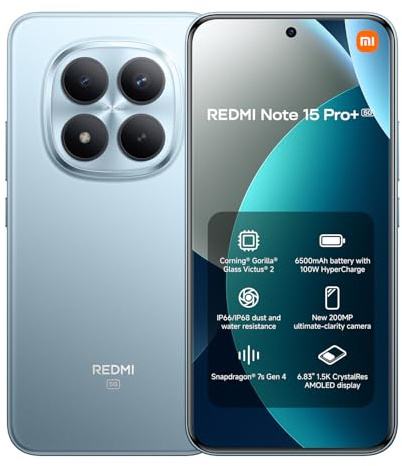 XIAOMI REDMI Note 15 Pro+ 5G - Smartphone de 12+512GB, Pantalla AMOLED 6,83 1.5K AMOLED, Snapdragon 7s Gen 4, cámara de 200 MP, Hypercharge 100W, Cargador no Incluido, Azul Glaciar (Versión ES)