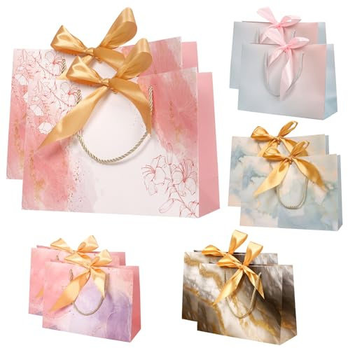 10 Stück Geschenktüten mit Schleife, 28 * 20 * 10cm Geschenktüte Groß mit Henkel Papiertüten Geschenksackerl Gift Bags für Feste Veranstaltungen Hochzeit Neujahrsgeschenk