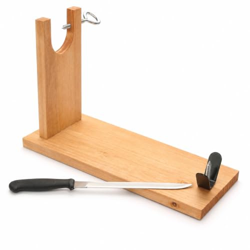 Montevalle Soporte Jamonero Madera con Cuchillo Profesional | Tabla para Jamón Serrano e Ibérico | Base Pino Macizo para Corte Precisión y Paletilla | Herrajes Acero | 40 x 15 x 35 cm